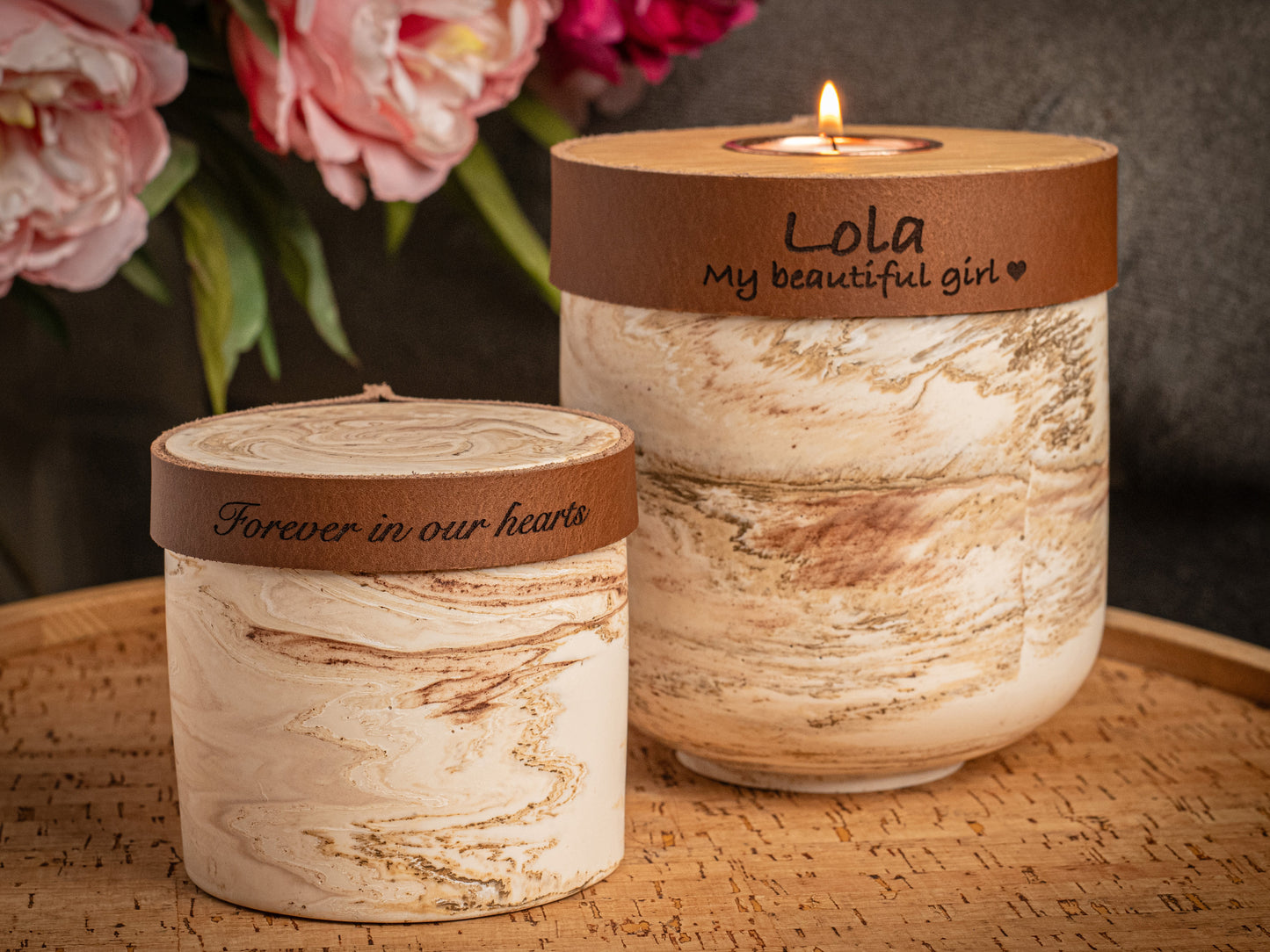 Human or Pet Urn for Cremation Ashes, Small Size, Beige Marble Jesmonite with Cognac Leather, Handmade, Personalise