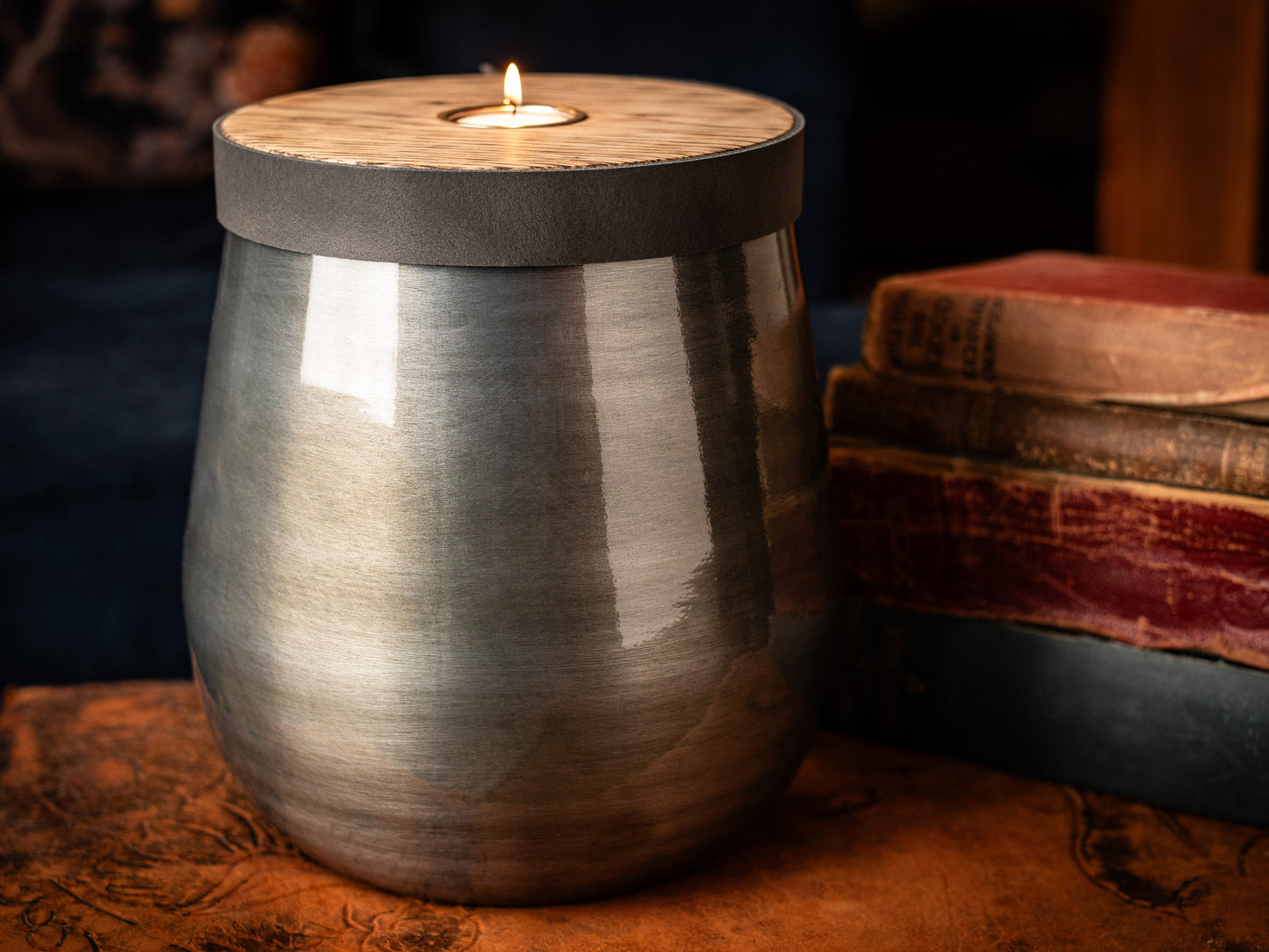 Antique Pewter Companion Urn: XL Double Capacity, Smoke Grey Leather, Personalizable