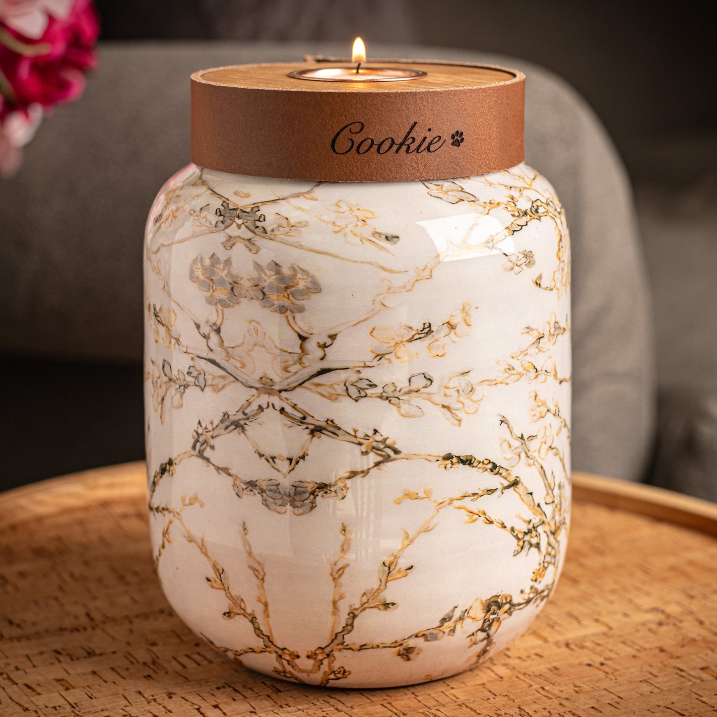 Floral Cremation Human or Pet Urn: Cognac Leather Band, Personalizable, Holds 85kg Pre Cremation weight