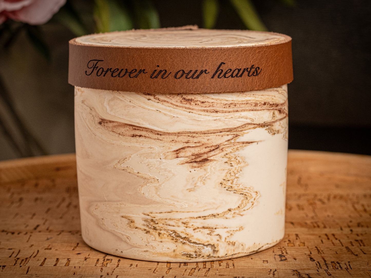 Human or Pet Extra Small Urn, Beige Marble Jesmonite with Cognac Leather, Holds up to 7kg Pre Cremation Weight, Handmade, Personalise