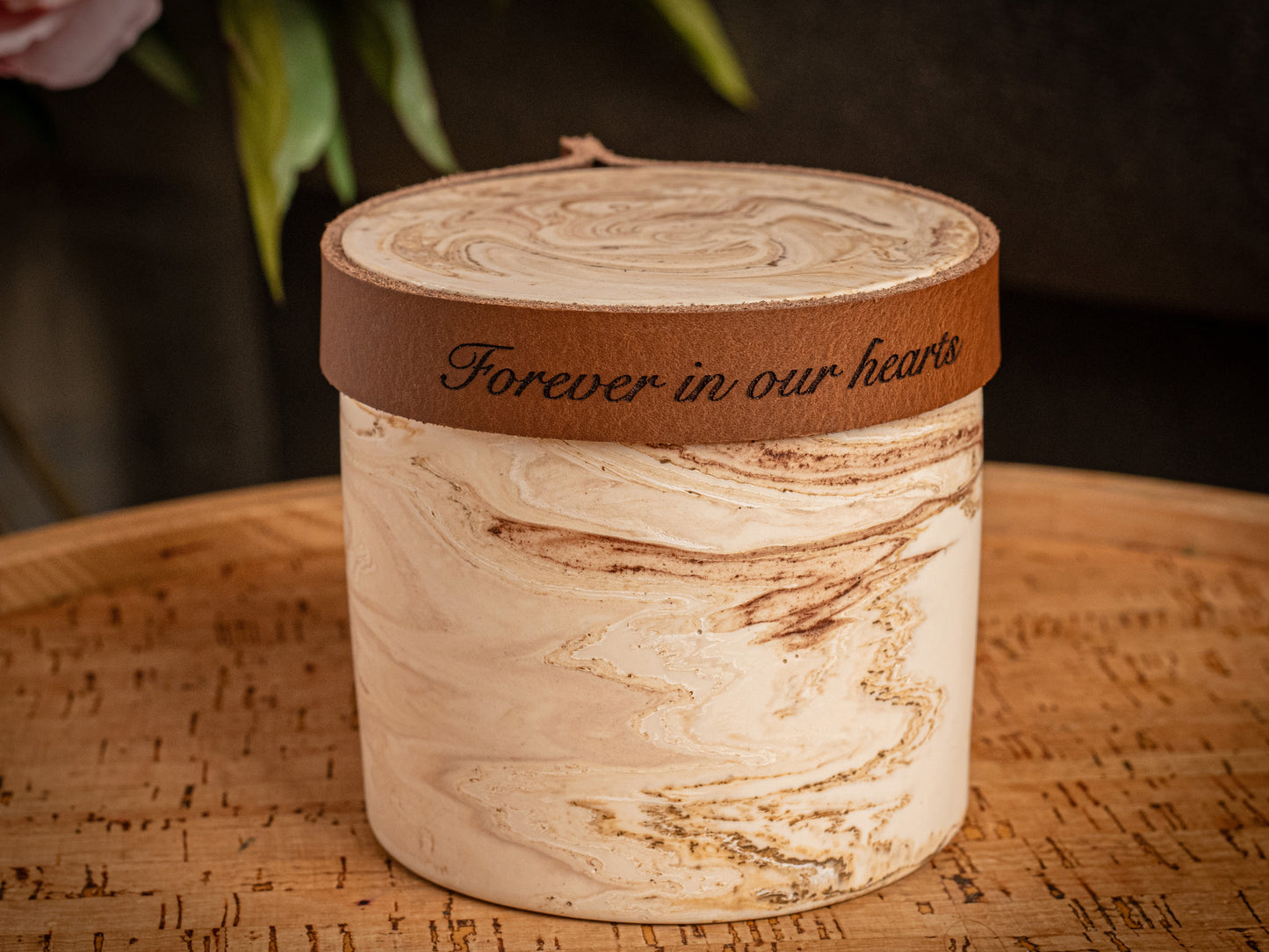 Human or Pet Extra Small Urn, Beige Marble Jesmonite with Cognac Leather, Holds up to 7kg Pre Cremation Weight, Handmade, Personalise