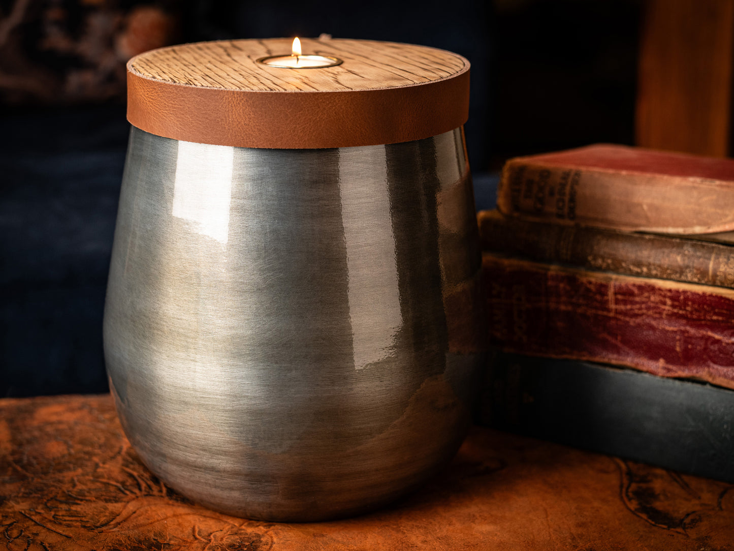 XL Companion Urn: Antique Pewter Finish, Cognac Leather Trim, Personalizable