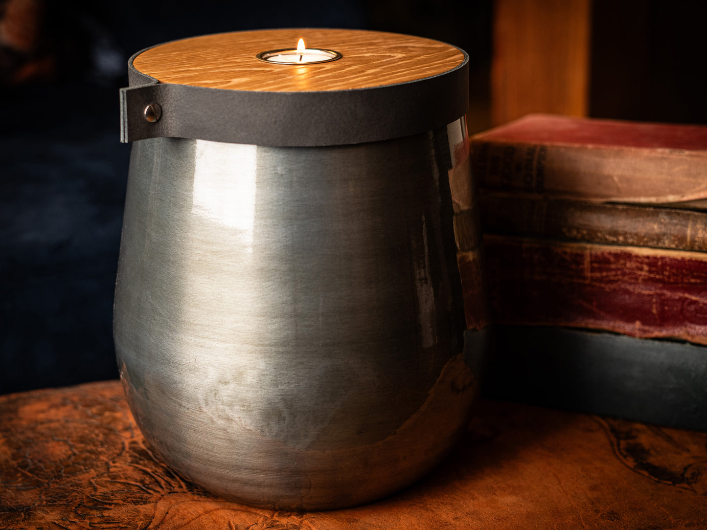 Antique Pewter Companion Urn: XL Double Capacity, Smoke Grey Leather, Personalizable
