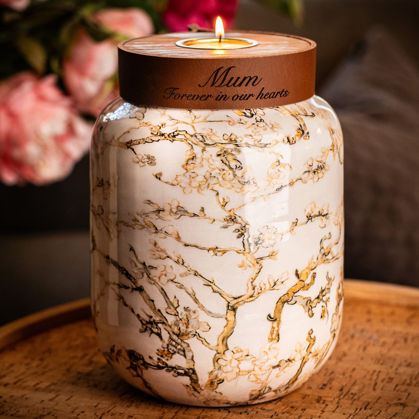 Floral Cremation Human or Pet Urn: Cognac Leather Band, Personalizable, Holds 85kg Pre Cremation weight