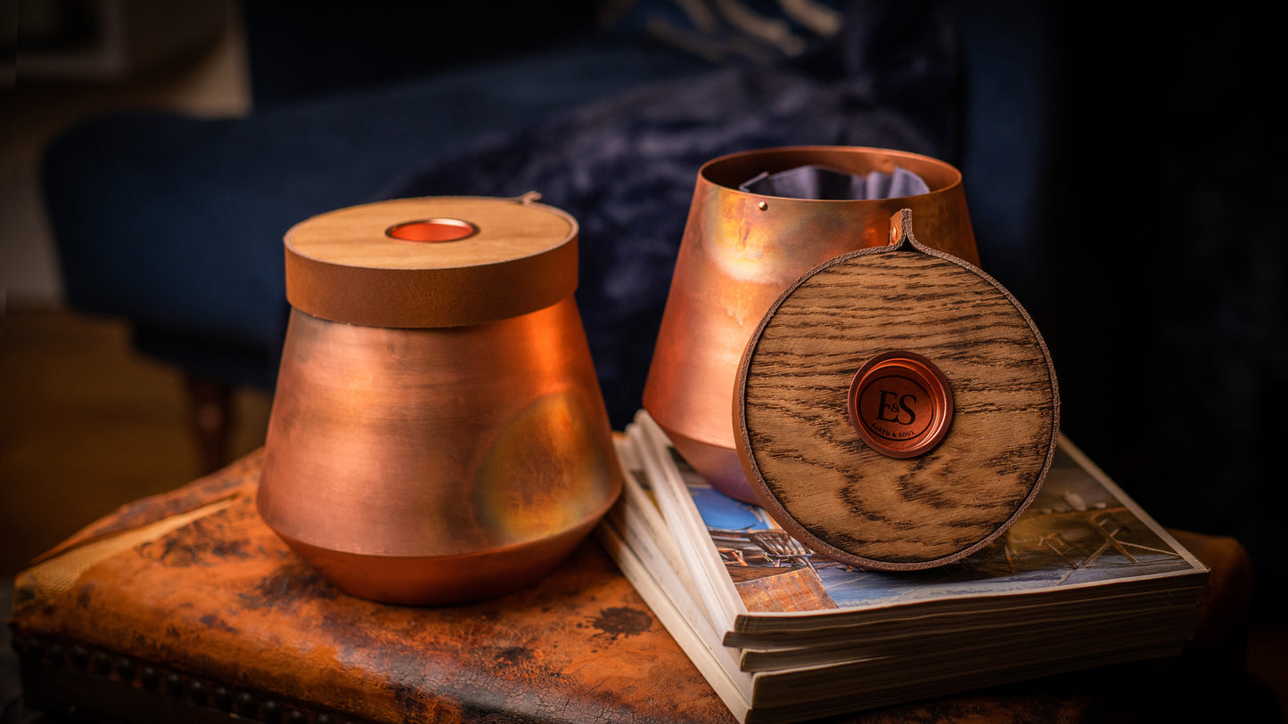 Human or Pet Urn For Ashes, Burnt Copper, Modern Candle Urn, Large Size, Personalise, Cognac Brown Leather