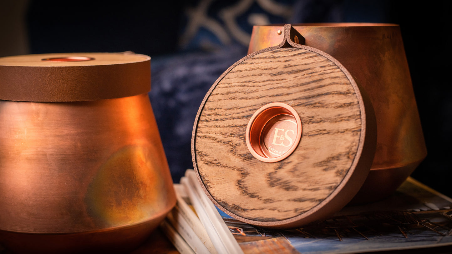 Human or Pet Urn For Ashes, Burnt Copper, Modern Candle Urn, Large Size, Personalise, Cognac Brown Leather