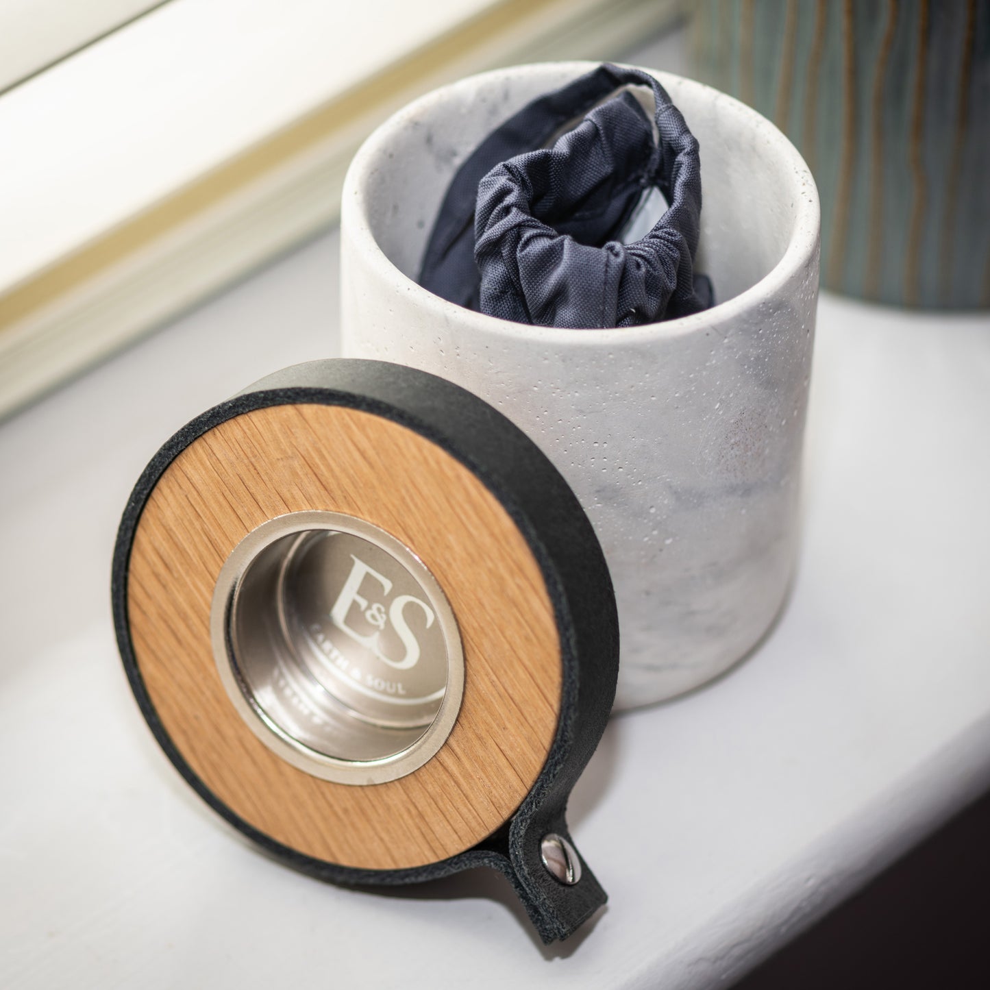 Small Keepsake Urn for Ashes. Handmade in the UK, Modern Candle Urn, White Marble Finish With Deep Smoke Grey Leather