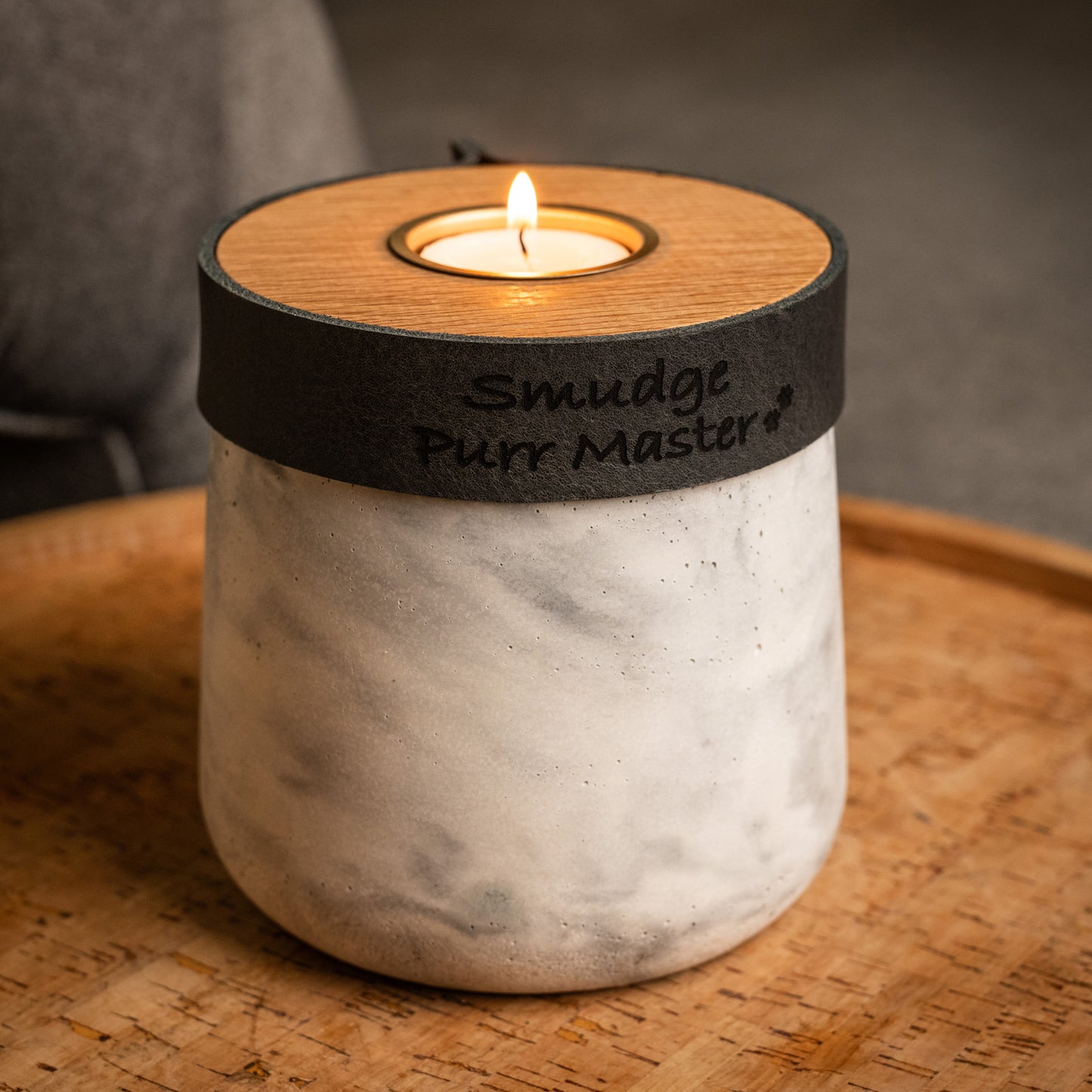 Human or Pet Urn For Ashes, Modern Candle Urn, Small Size, Personalise, Handmade in the UK, White And Grey Marble with Smoke Grey Leather