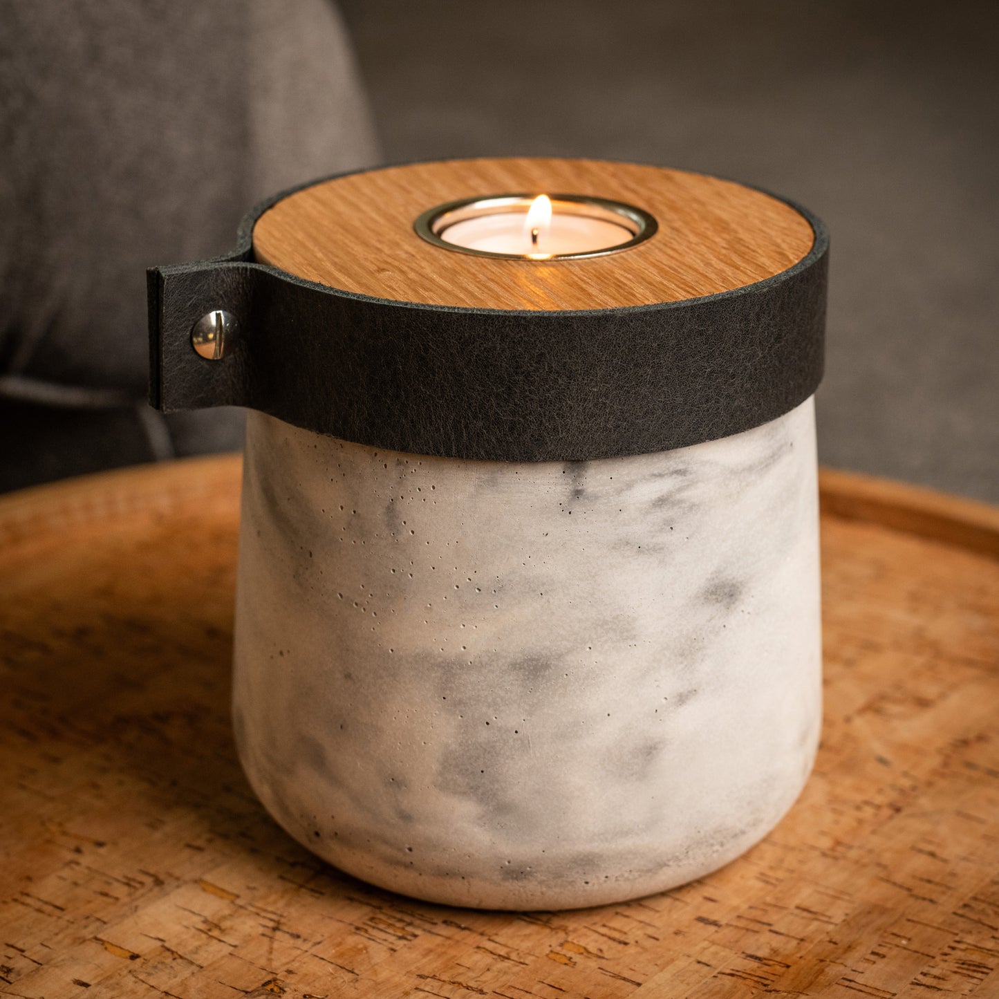 Human or Pet Urn For Ashes, Modern Candle Urn, Small Size, Personalise, Handmade in the UK, White And Grey Marble with Smoke Grey Leather