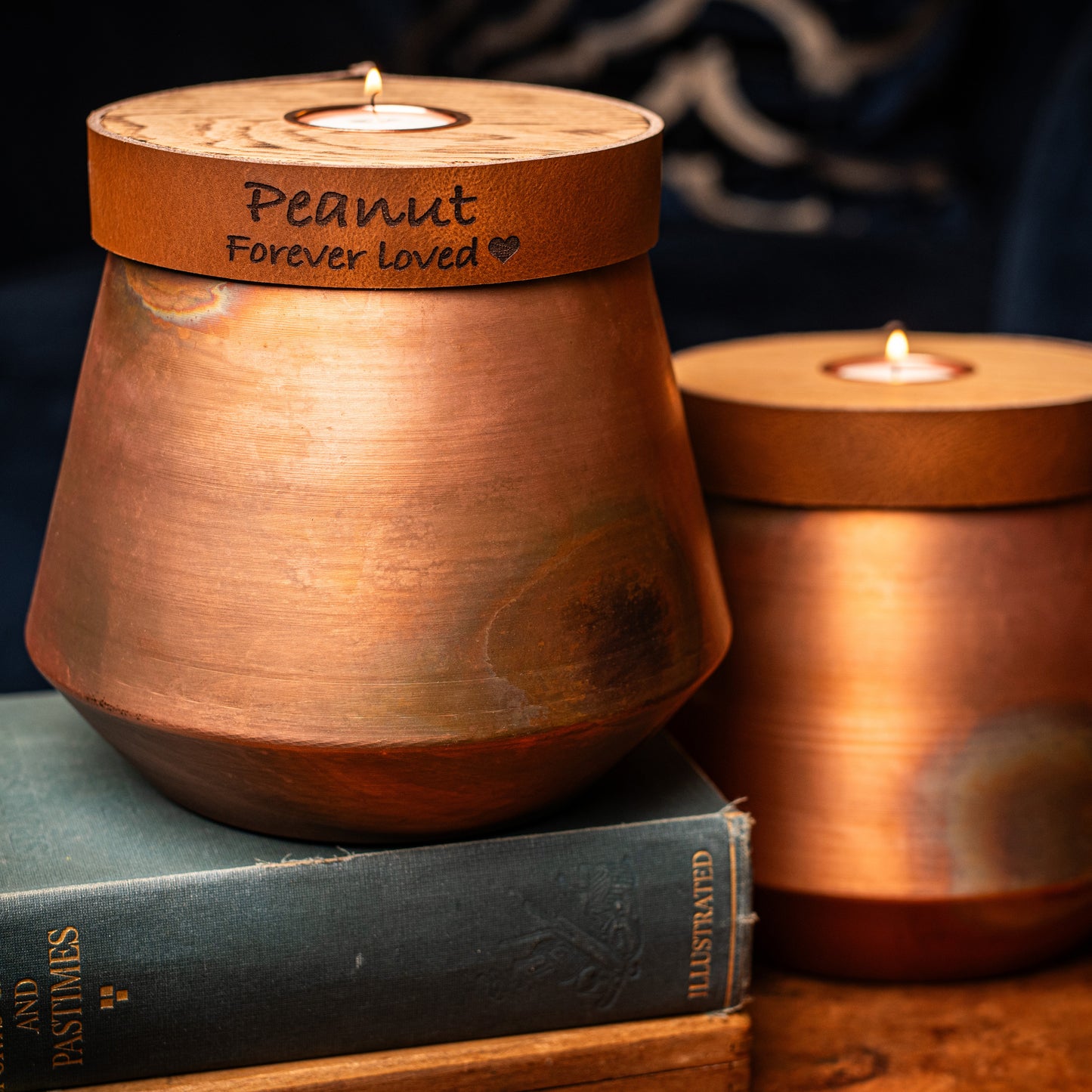 Human or Pet Urn For Ashes, Burnt Copper, Modern Candle Urn, Large Size, Personalise, Cognac Brown Leather