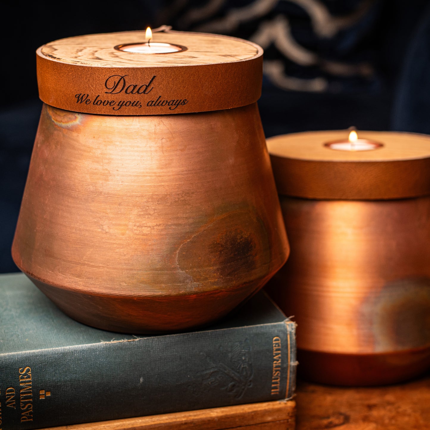 Human or Pet Urn For Ashes, Burnt Copper, Modern Candle Urn, Large Size, Personalise, Cognac Brown Leather