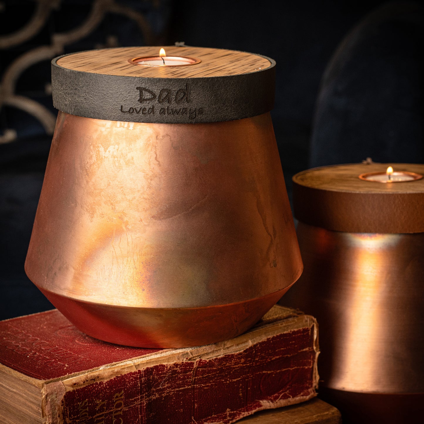 Human or Pet Urn For Ashes, Burnt Copper, Modern Candle Urn, Large Size, Personalise, Smoke Grey Leather