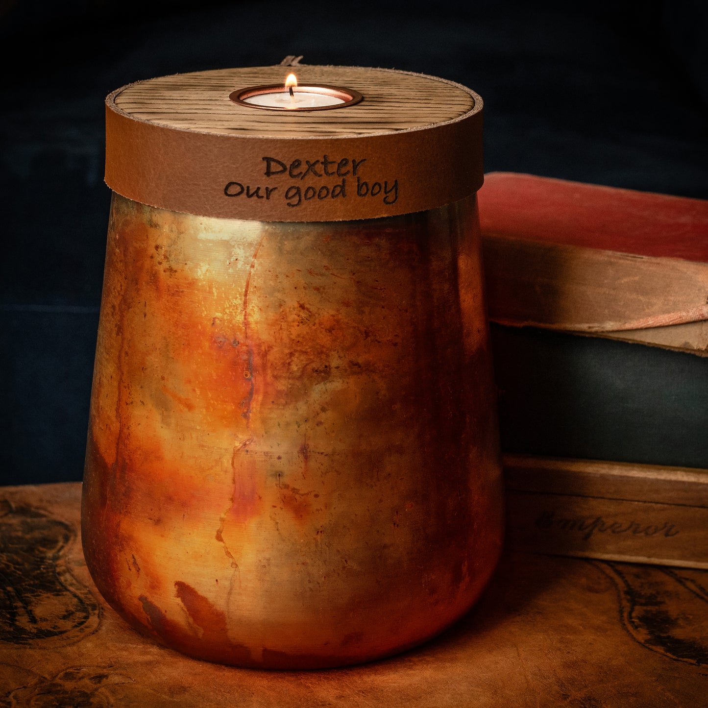 Human or Pet Urn For Ashes, Distressed Copper, Large Size, Modern Candle Urn, Personalise, Handmade, Cognac Brown Leather