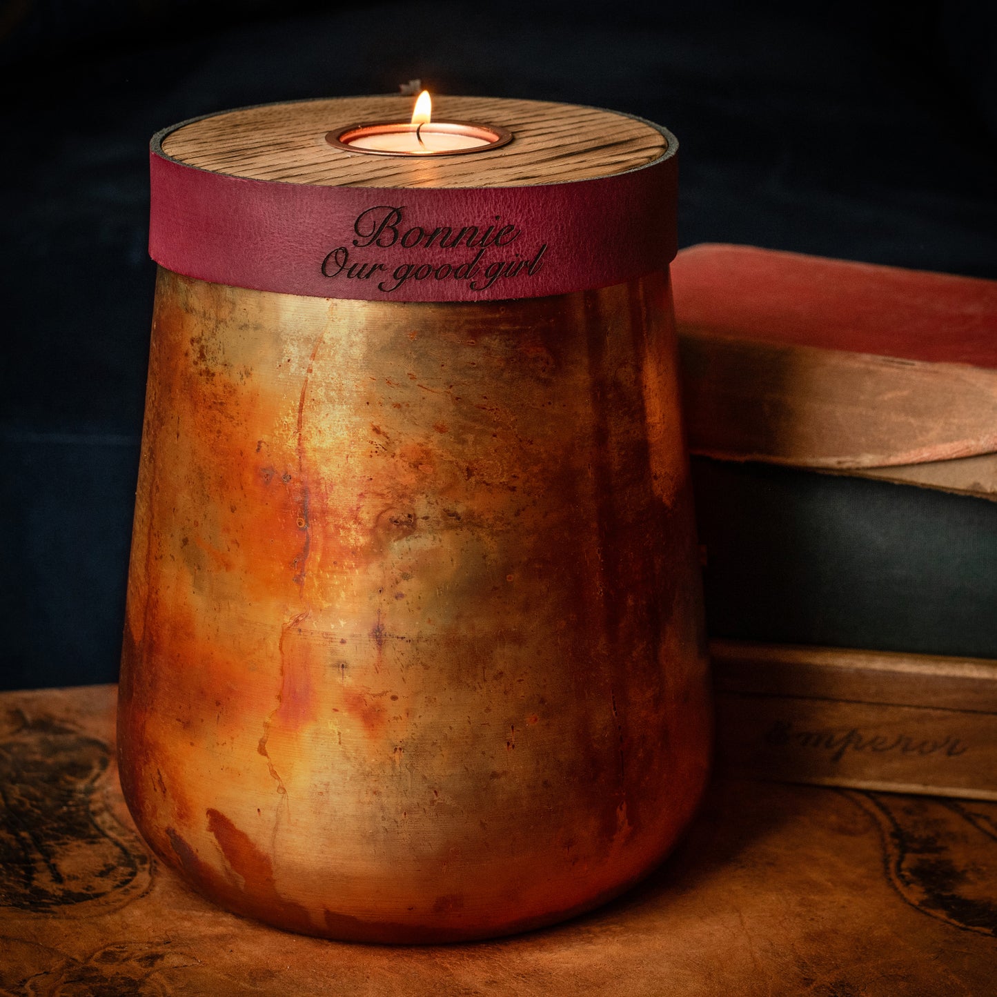 Human or Pet Urn For Ashes, Distressed Copper, Large Size, Modern Candle Urn, Personalise, Handmade, Burgundy Leather