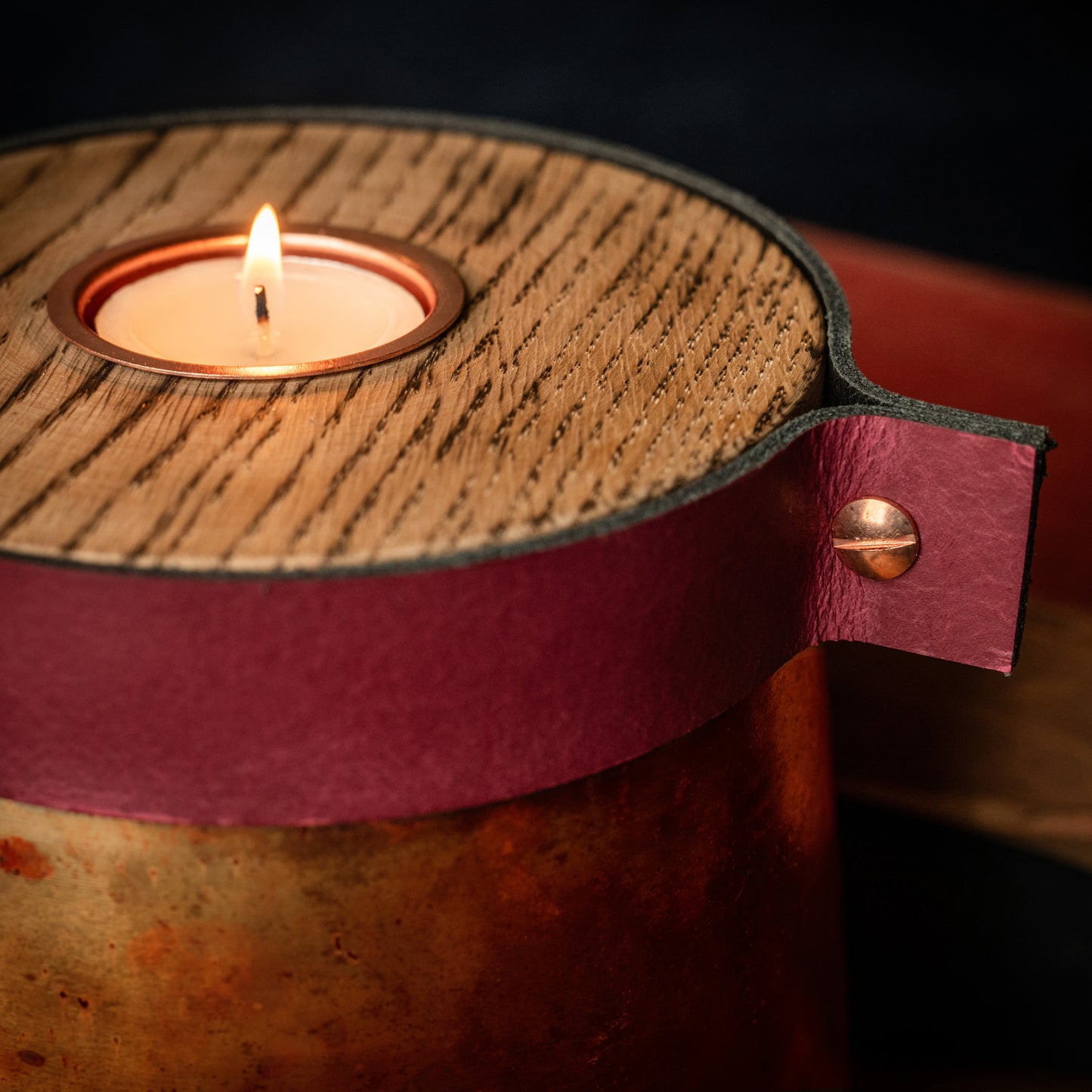 Human or Pet Urn For Ashes, Distressed Copper, Small Size, Modern Candle Urn, Personalise, Handmade, Burgundy Leather