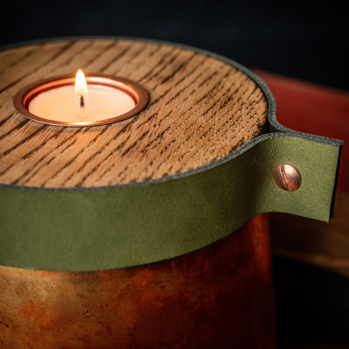 Human or Pet Urn For Ashes, Distressed Copper, Small Size, Modern Candle Urn, Personalise, Handmade, British Racing Green Leather