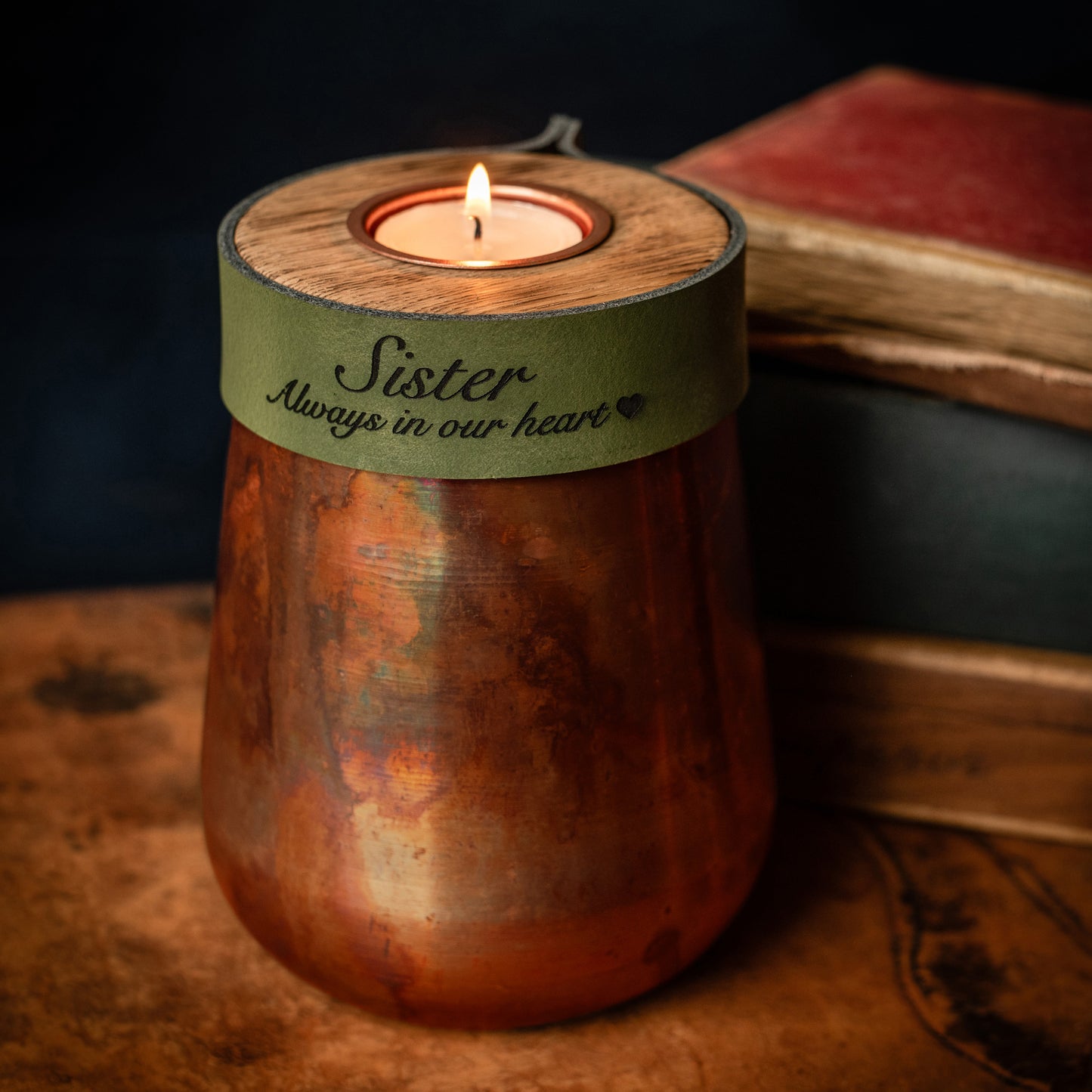 Human or Pet Urn For Ashes, Distressed Copper, Small Size, Modern Candle Urn, Personalise, Handmade, British Racing Green Leather