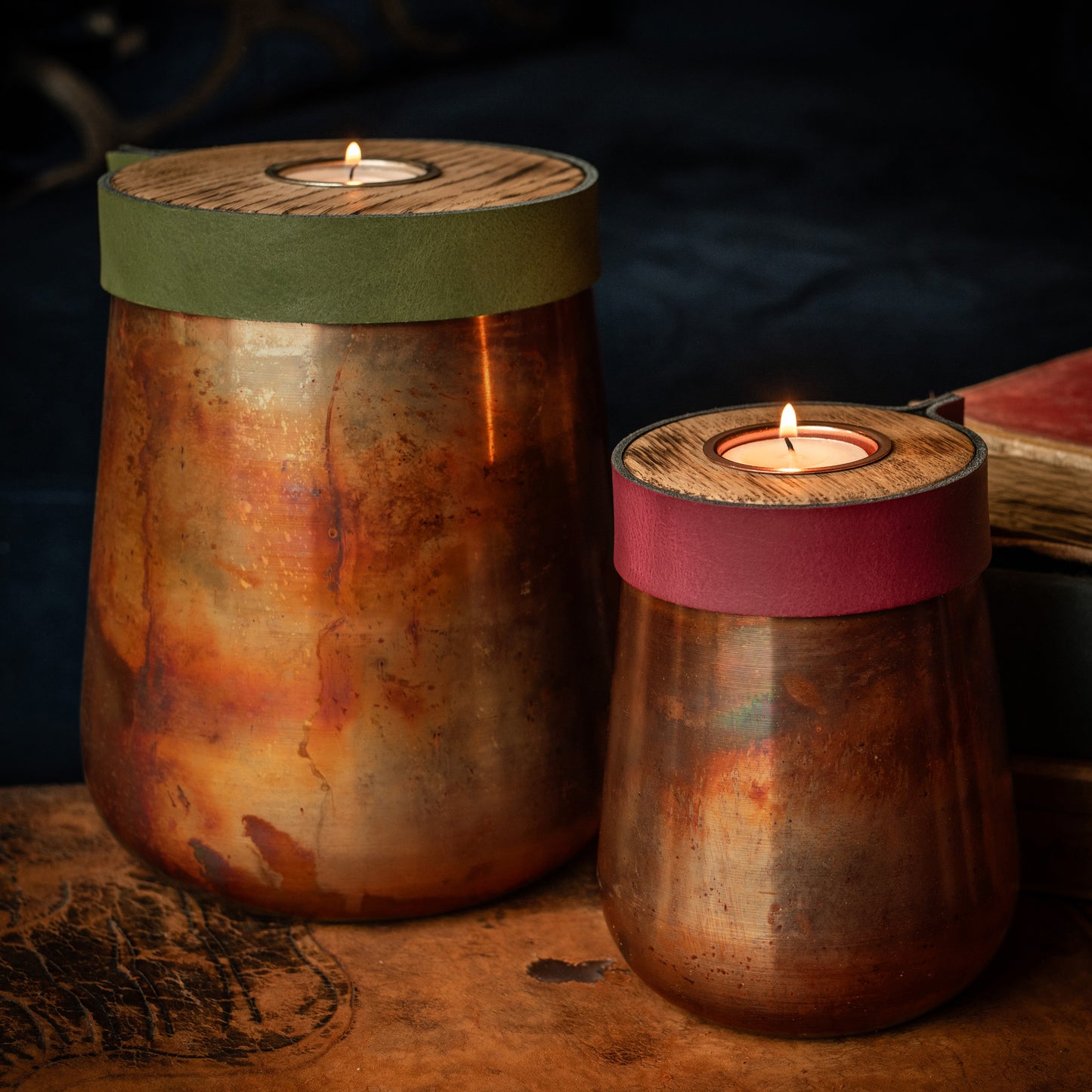 Human or Pet Urn For Ashes, Distressed Copper, Small Size, Modern Candle Urn, Personalise, Handmade, British Racing Green Leather