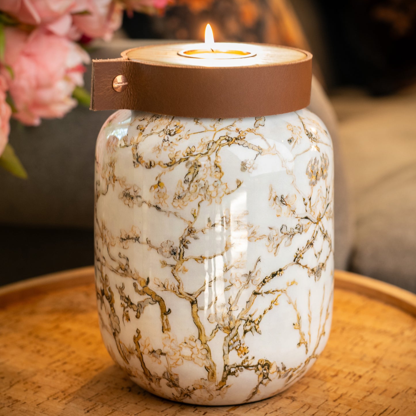 Floral Cremation Human or Pet Urn: Cognac Leather Band, Personalizable, Holds 85kg Pre Cremation weight