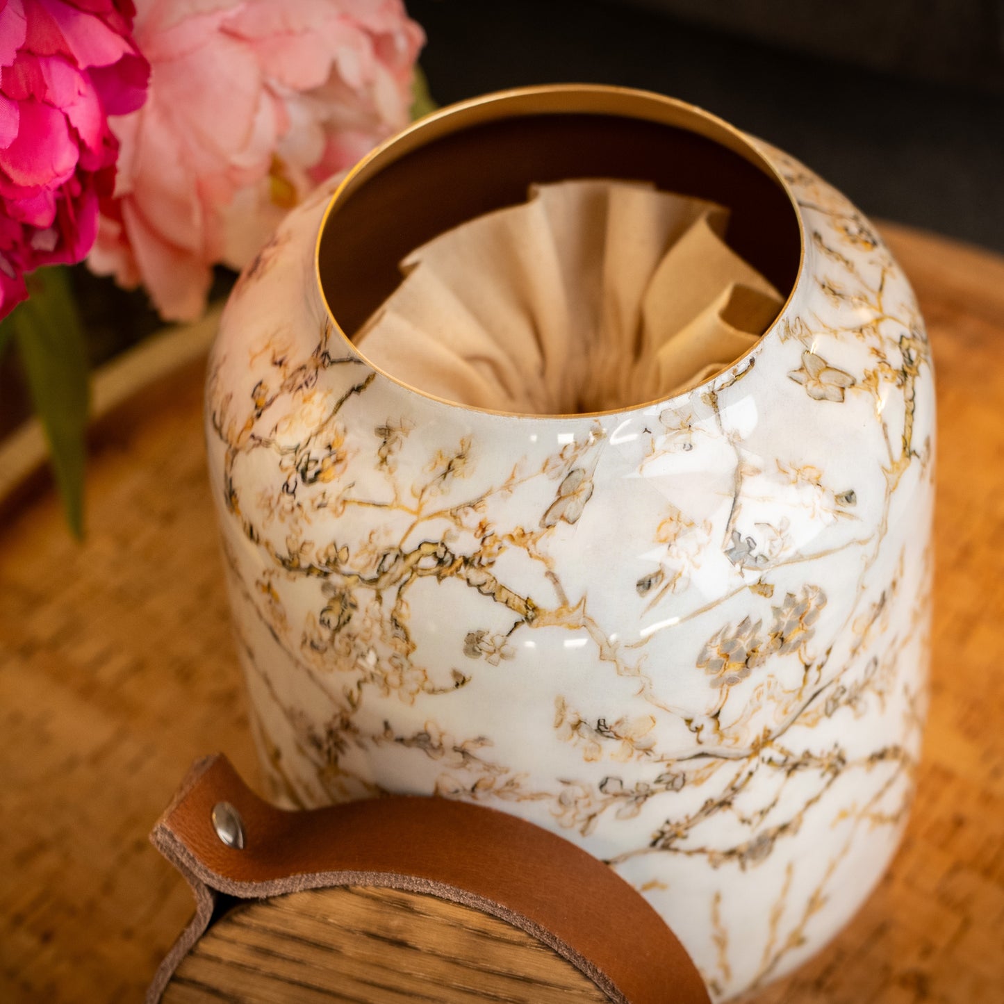 Floral Cremation Human or Pet Urn: Cognac Leather Band, Personalizable, Holds 85kg Pre Cremation weight