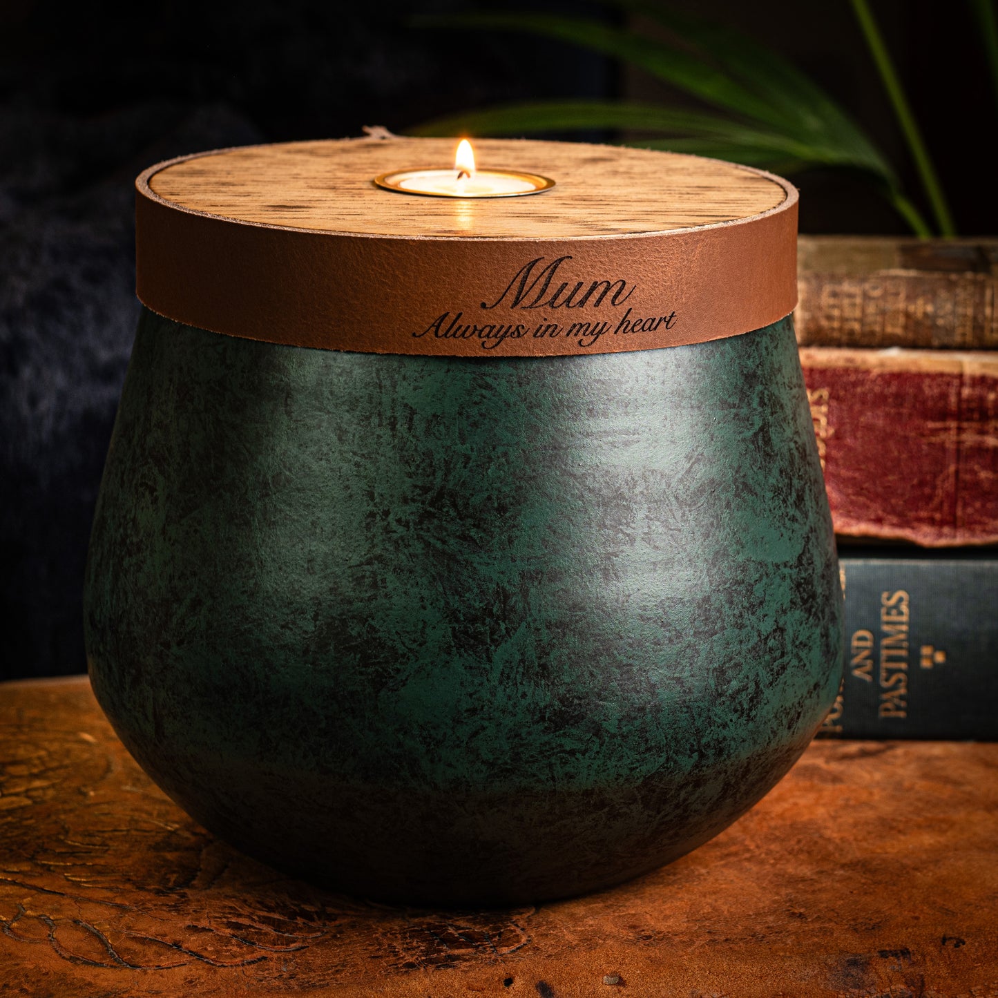 Emerald Green Cremation Urn: Cognac Leather, Personalized, Holds Full Adult Ashes