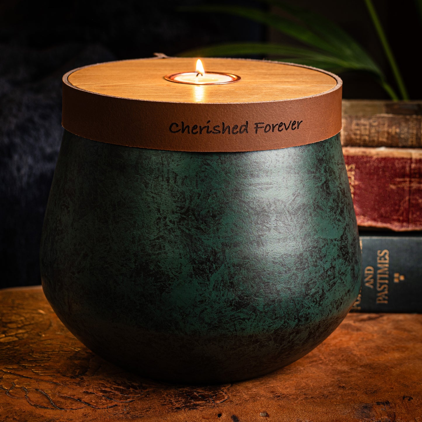 Emerald Green Cremation Urn: Cognac Leather, Personalized, Holds Full Adult Ashes