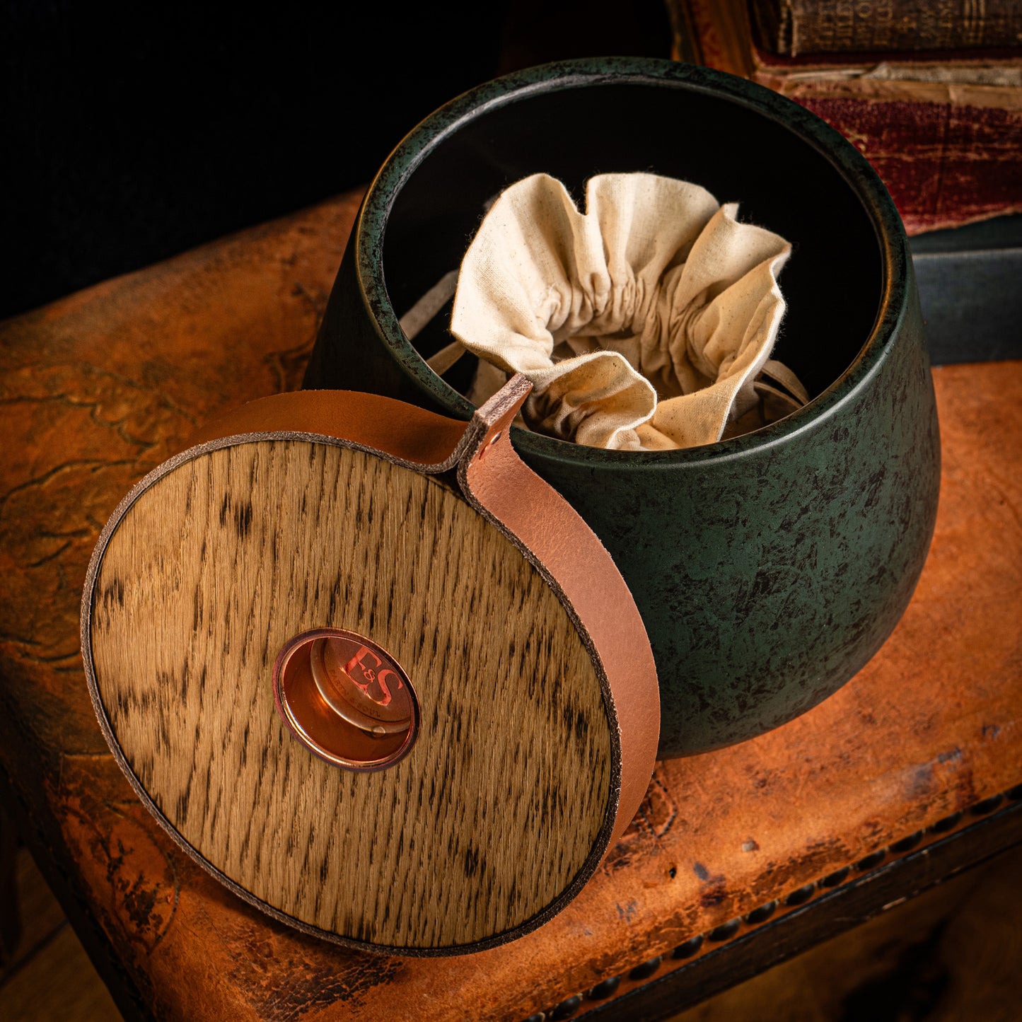 Emerald Green Cremation Urn: Cognac Leather, Personalized, Holds Full Adult Ashes