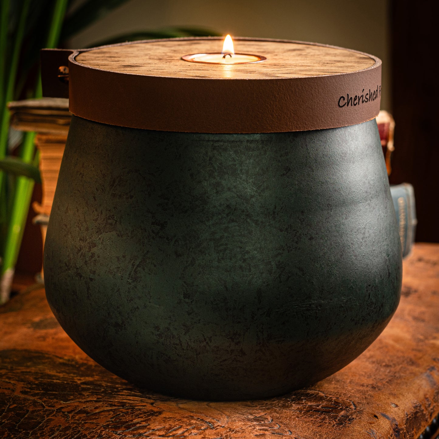 Emerald Green Cremation Urn: Cognac Leather, Personalized, Holds Full Adult Ashes
