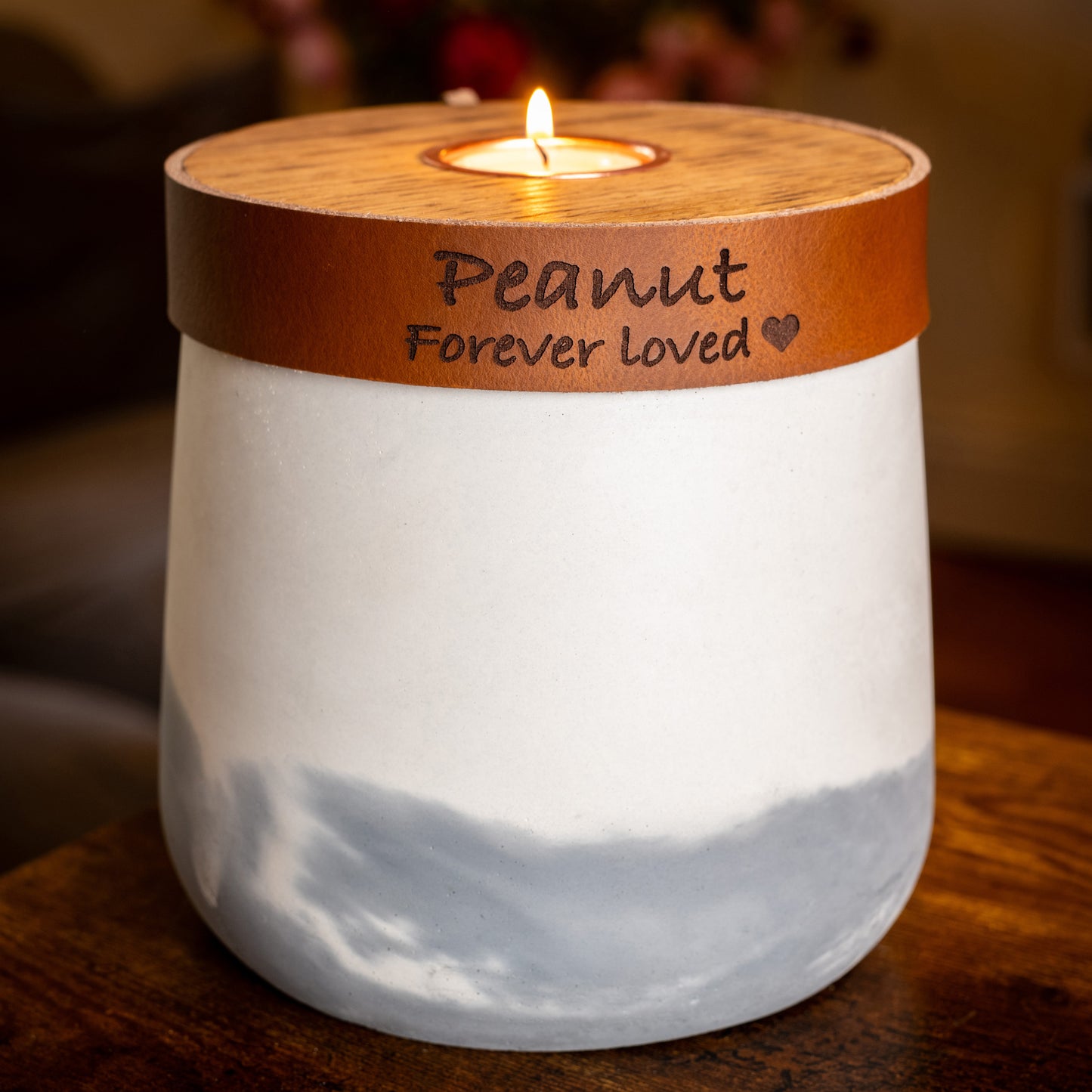 Human or Pet Urn For Ashes, Modern Candle Urn, Personalise, Handmade in the UK, White And Grey Two Tone With Cognac Brown Leather