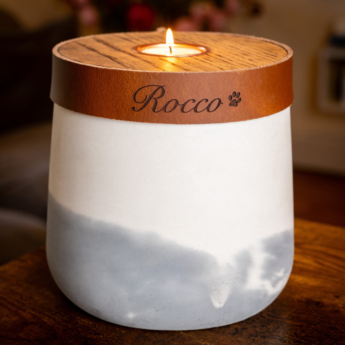 Human or Pet Urn For Ashes, Modern Candle Urn, Personalise, Handmade in the UK, White And Grey Two Tone With Cognac Brown Leather