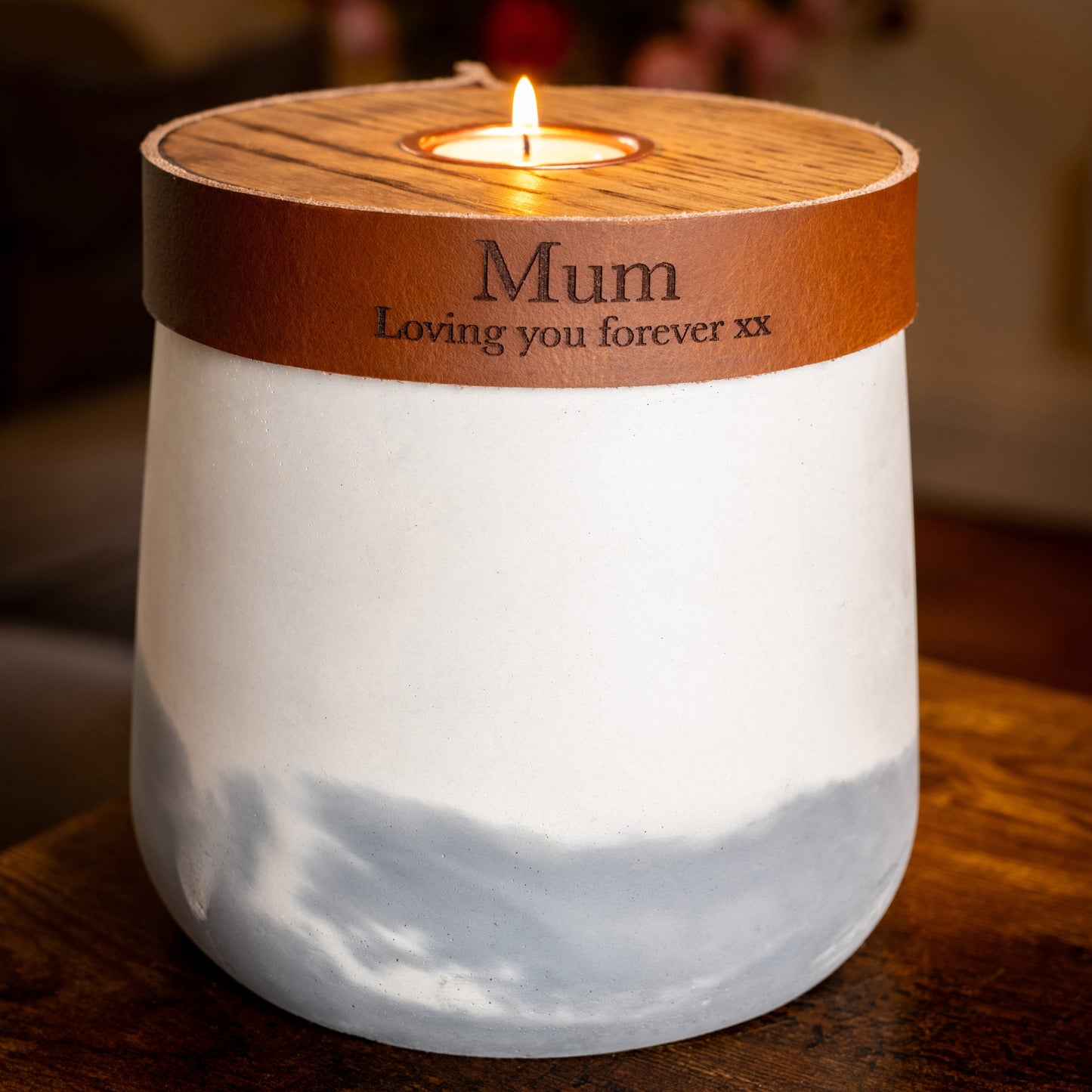 Human or Pet Urn For Ashes, Modern Candle Urn, Personalise, Handmade in the UK, White And Grey Two Tone With Cognac Brown Leather