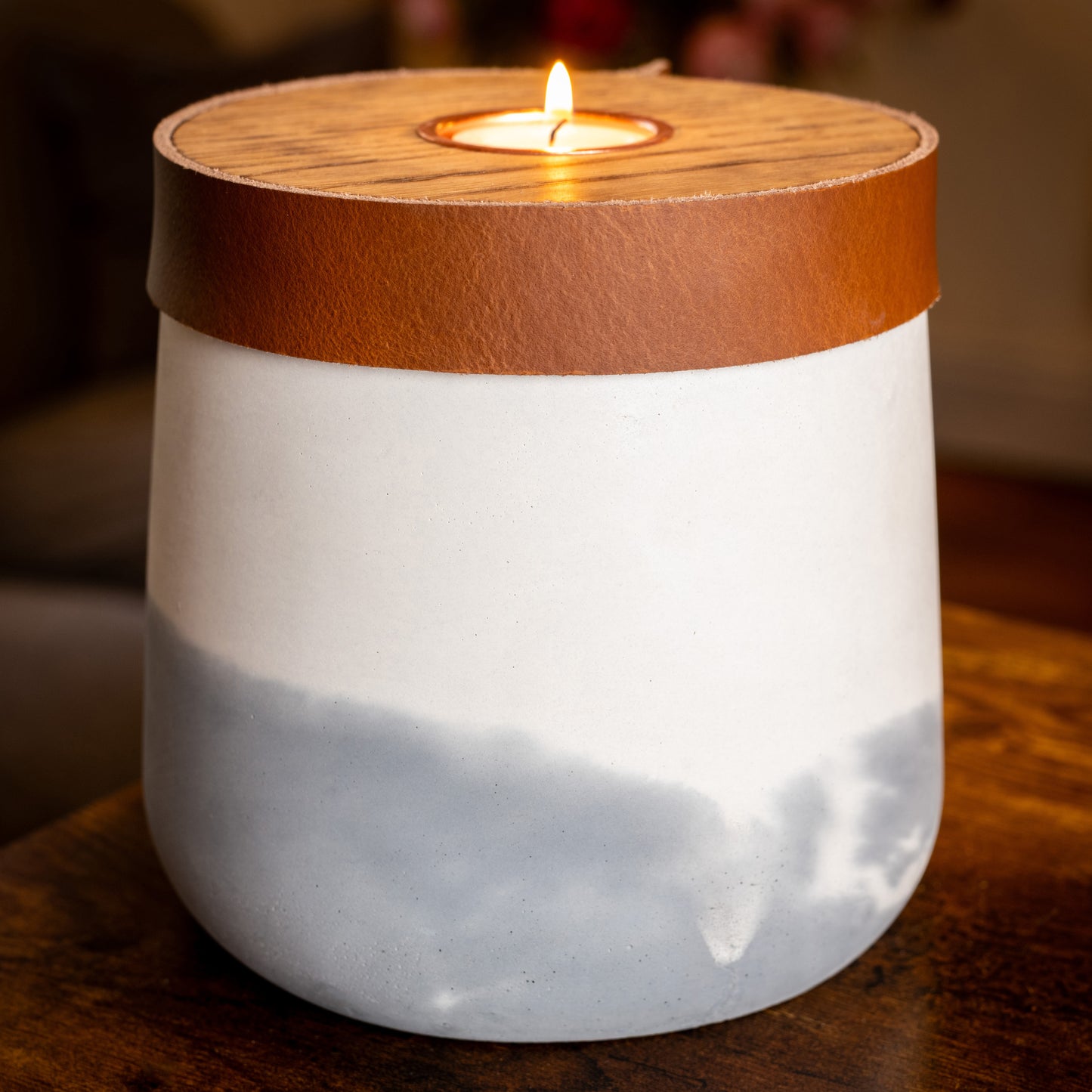 Human or Pet Urn For Ashes, Modern Candle Urn, Personalise, Handmade in the UK, White And Grey Two Tone With Cognac Brown Leather