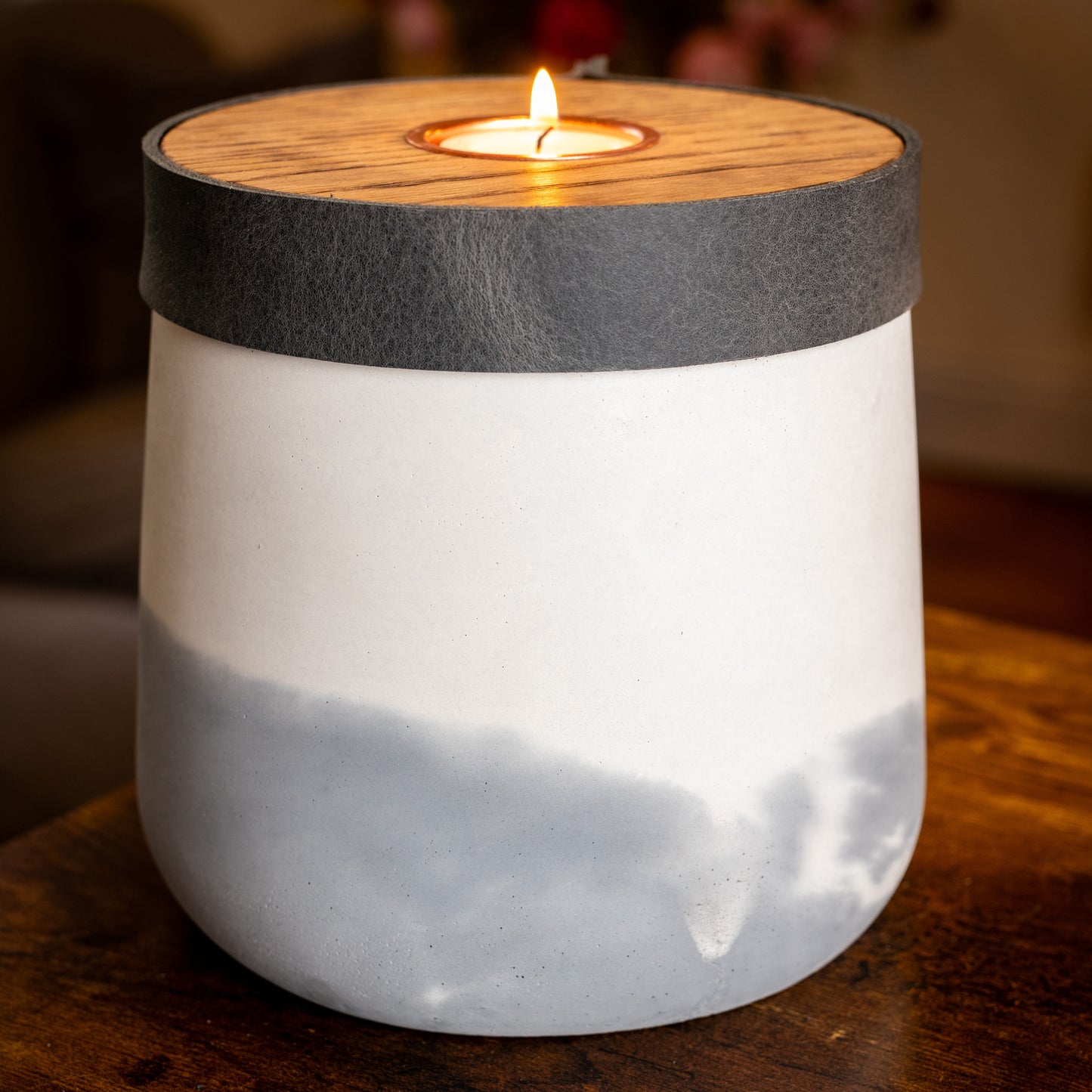 Human or Pet Urn For Ashes, Modern Candle Urn, Medium Size, Personalise, Handmade in the UK, White And Grey Two Tone With Smoke Grey Leather
