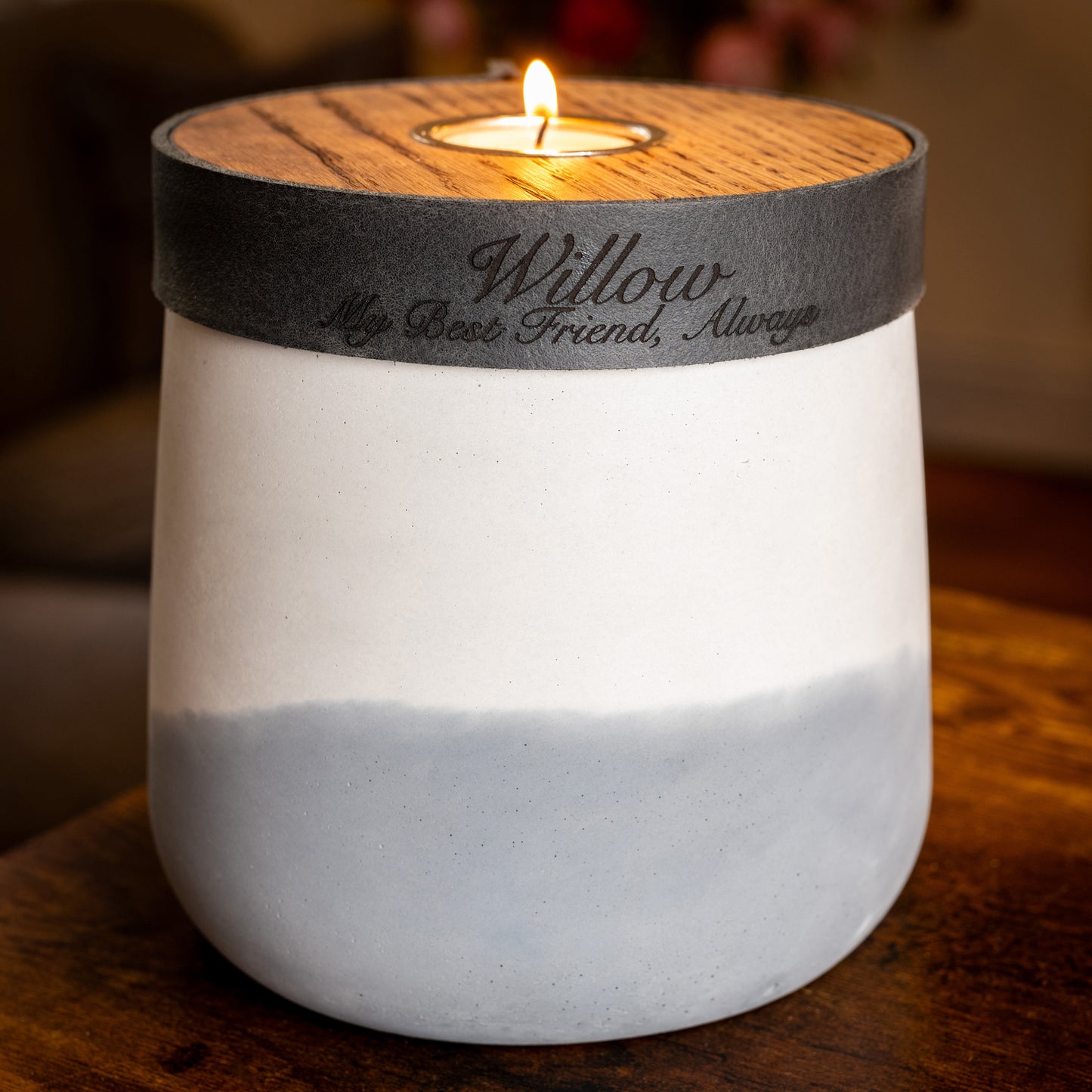 Human or Pet Urn For Ashes, Modern Candle Urn, Medium Size, Personalise, Handmade in the UK, White And Grey Two Tone With Smoke Grey Leather