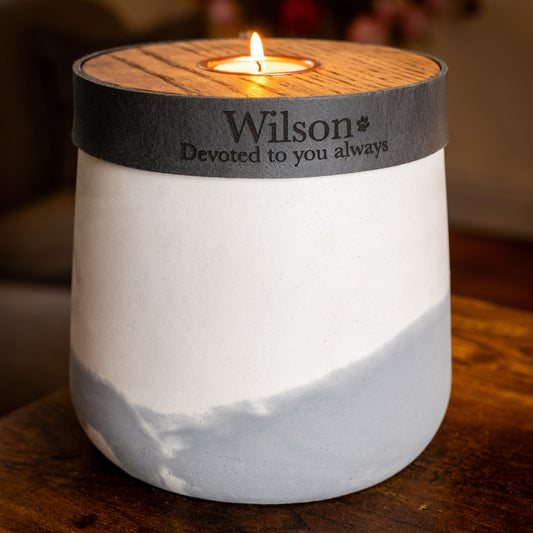 Human or Pet Urn For Ashes, Modern Candle Urn, Medium Size, Personalise, Handmade in the UK, White And Grey Two Tone With Smoke Grey Leather
