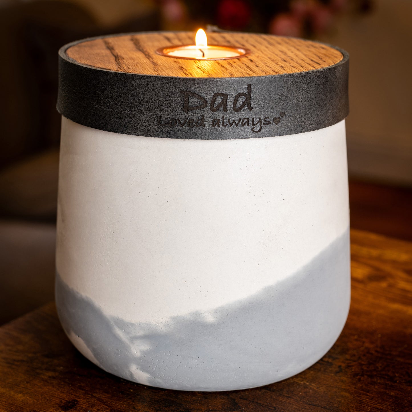 Human or Pet Urn For Ashes, Modern Candle Urn, Medium Size, Personalise, Handmade in the UK, White And Grey Two Tone With Smoke Grey Leather