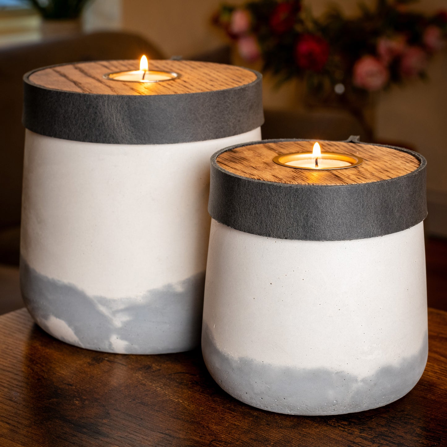 Human or Pet Urn For Ashes, Modern Candle Urn, Medium Size, Personalise, Handmade in the UK, White And Grey Two Tone With Smoke Grey Leather