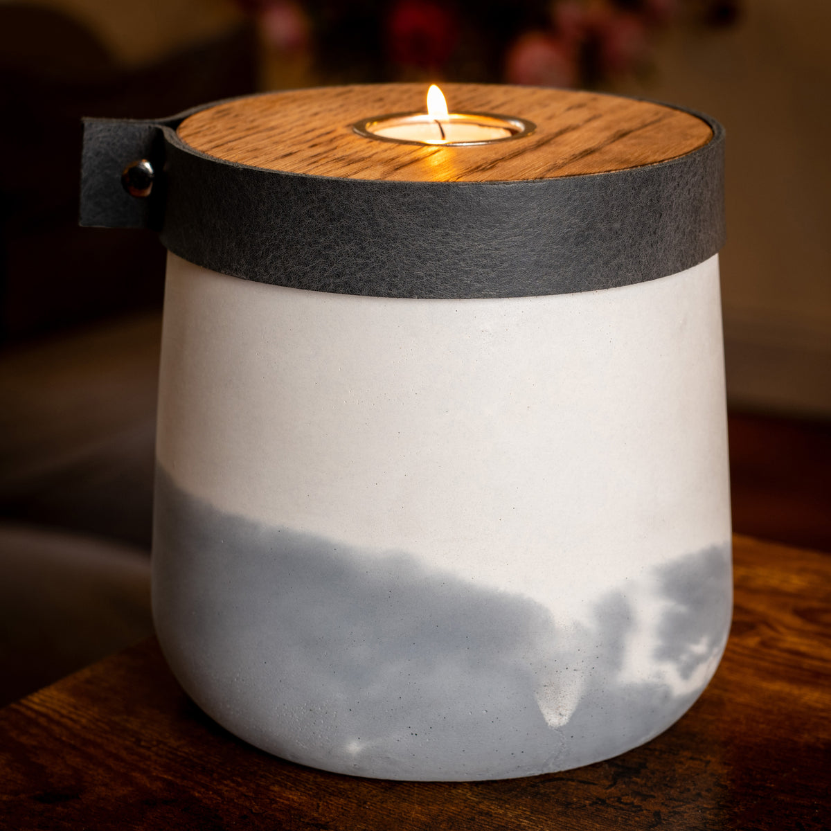 Large Handmade Two Tone Concrete Urn for Human or Pet Ashes - Personalized Leather