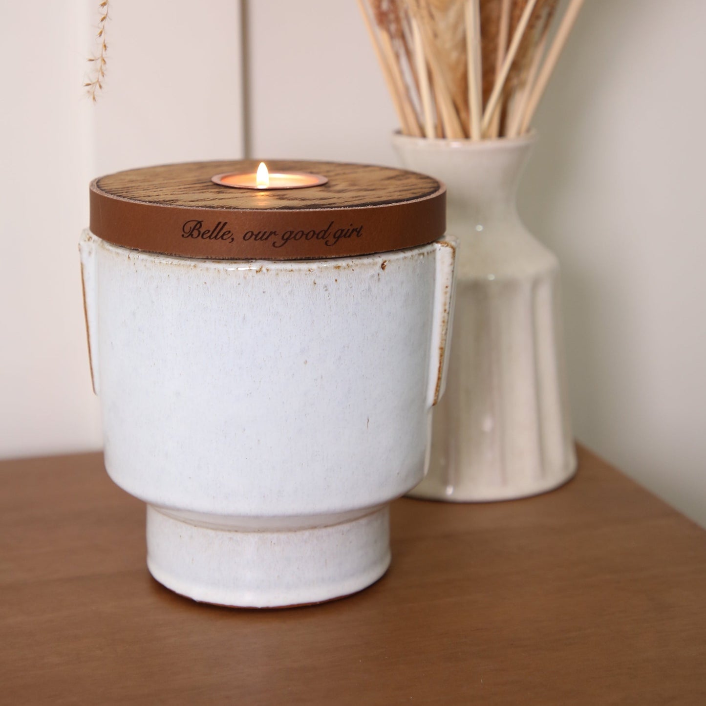 Human or Pet Urn For Ashes, Modern Candle Urn, Small Size, Personalise, Ceramic, Handmade in the UK, Cognac Brown Leather