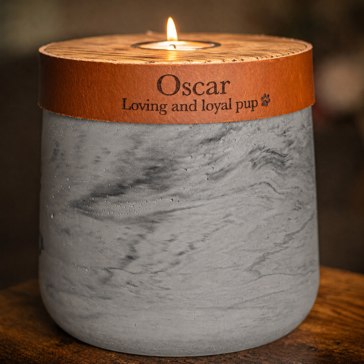 Large Handmade Grey Marble Concrete Urn for Human or Pet Ashes - Personalized Leather