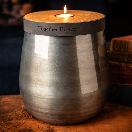 Companion Urn, Large Size For 2 Sets of Ashes, Antique Pewter With Cognac Brown Leather, Modern Design, Hand Made In The UK, Personalised