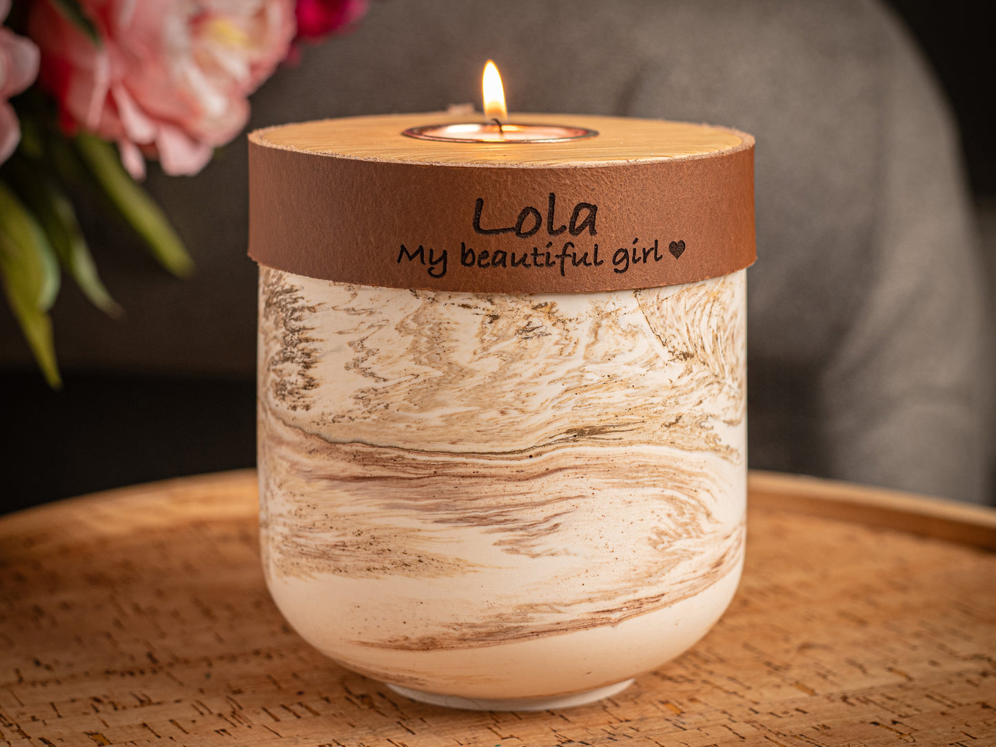 Human or Pet Urn for Cremation Ashes, Small Size, Beige Marble Jesmonite with Cognac Leather, Handmade, Personalise