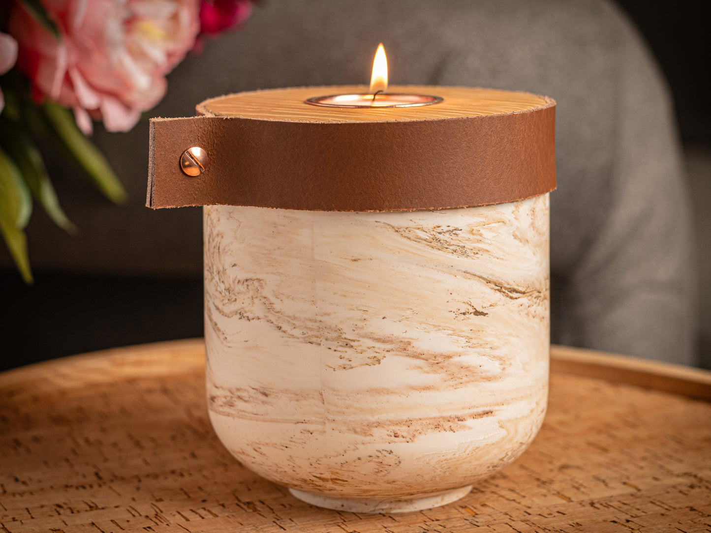 Human or Pet Urn for Cremation Ashes, Small Size, Beige Marble Jesmonite with Cognac Leather, Handmade, Personalise