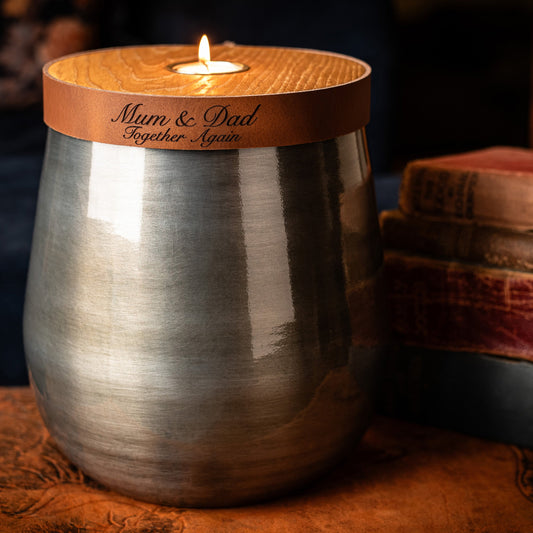 Companion Urn, XL Size For 2 Sets of Ashes, Antique Pewter With Cognac Brown Leather, Modern Design, Personalised