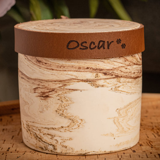 Human or Pet Extra Small Urn, Beige Marble Jesmonite with Cognac Leather, Holds up to 7kg Pre Cremation Weight, Handmade, Personalise