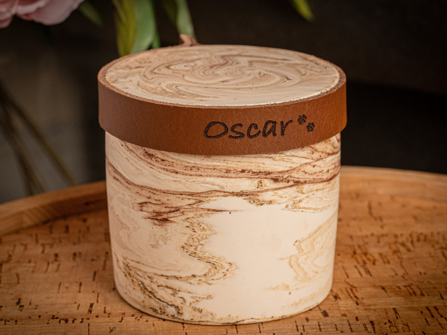 Human or Pet Extra Small Urn, Beige Marble Jesmonite with Cognac Leather, Holds up to 7kg Pre Cremation Weight, Handmade, Personalise