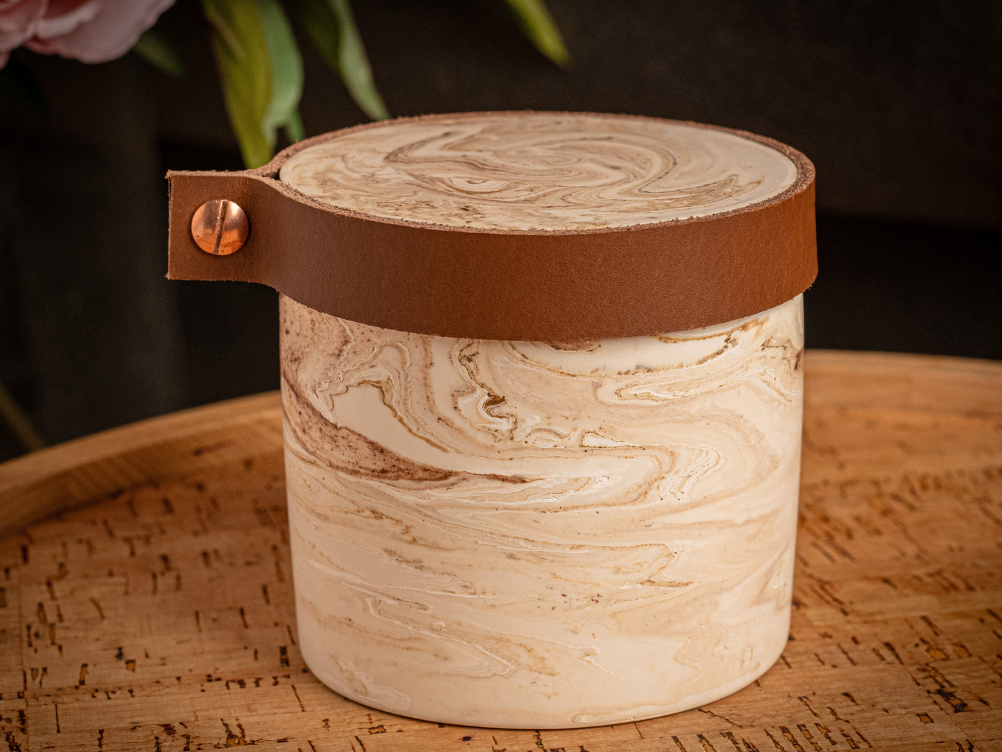 Human or Pet Extra Small Urn, Beige Marble Jesmonite with Cognac Leather, Holds up to 7kg Pre Cremation Weight, Handmade, Personalise