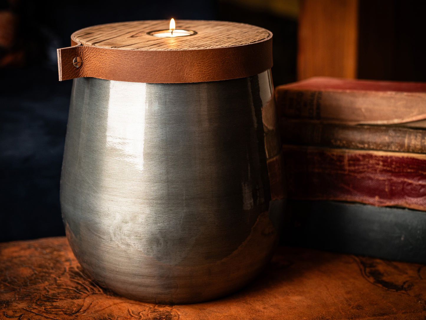 XL Companion Urn: Antique Pewter Finish, Cognac Leather Trim, Personalizable