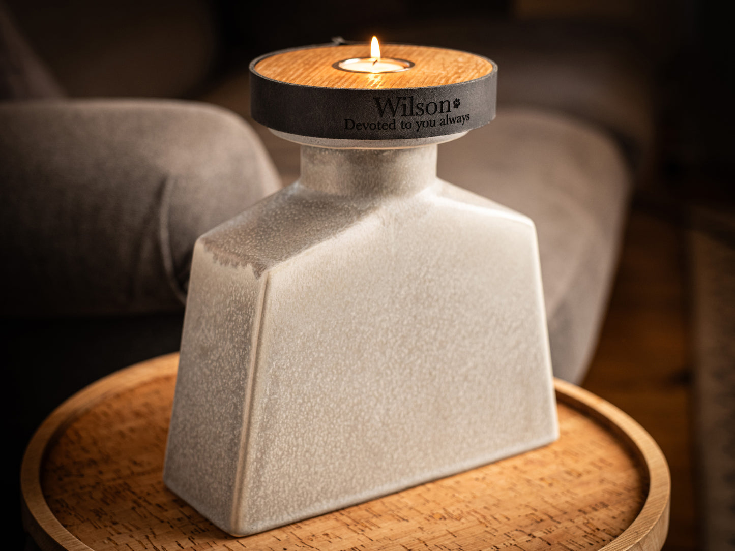 Human or Pet Urn For Ashes, Modern Candle Urn, Large Size, Personalise, Handmade in the UK, Bottled Grey with Smoke Grey Leather
