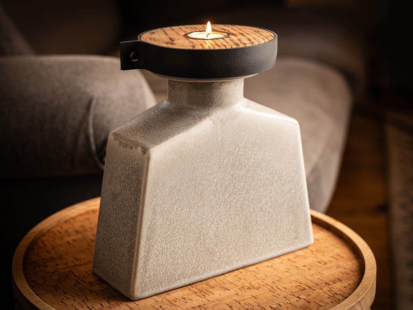Human or Pet Urn For Ashes, Modern Candle Urn, Large Size, Personalise, Handmade in the UK, Bottled Grey with Smoke Grey Leather